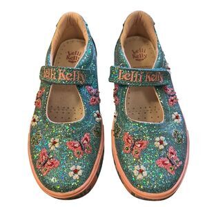 Lelli Kelly Girls Mary Jean Shoes Size 33 US 2 Blue Sparkle Butterfly Floral